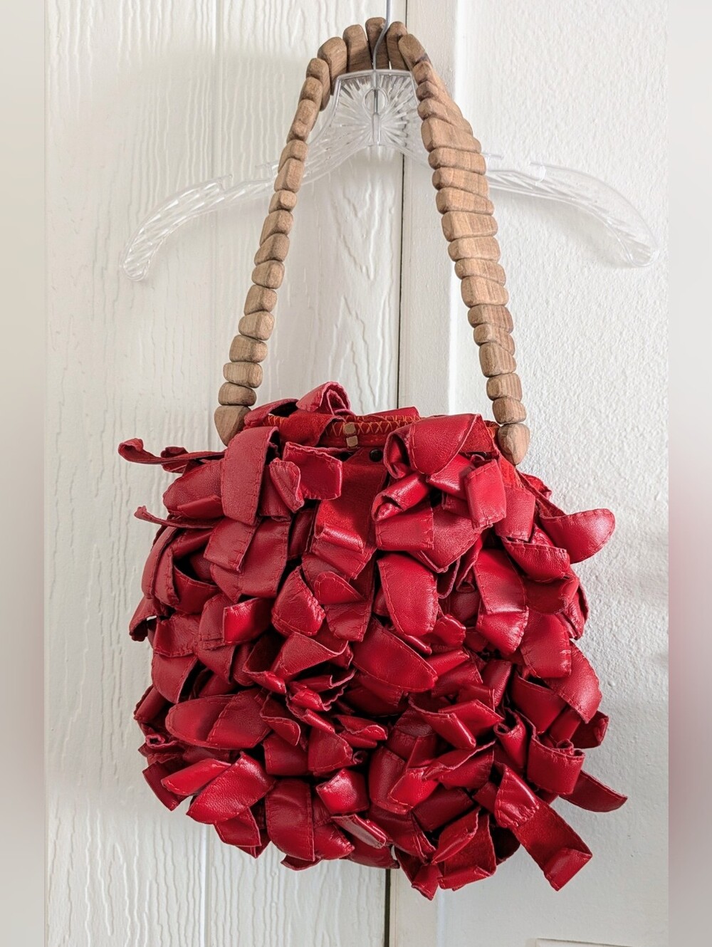 Red Leather Bucket Bag Shoulder Bag with Wooden Handle